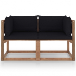 Ogrodowa sofa 2-os. z palet, z czarnymi poduszkami, sosna