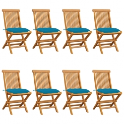 Krzesła ogrodowe z niebieskimi poduszkami, 8 szt., tekowe
