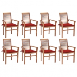 Krzesła stołowe z czerwonymi poduszkami, 8 szt., drewno tekowe