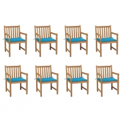 Krzesła ogrodowe, 8 szt., niebieskie poduszki, drewno tekowe