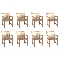 Krzesła ogrodowe, 8 szt., z poduszkami w szarą kratkę, tekowe