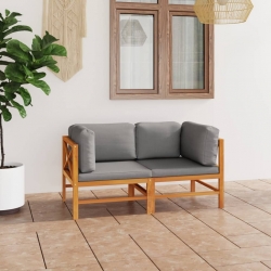 2-os. sofa ogrodowa z szarymi poduszkami, lite drewno tekowe