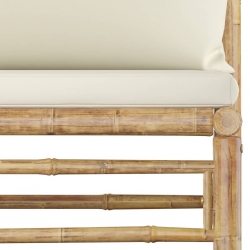 Ogrodowa sofa środkowa, śmietankowe poduszki, bambus