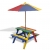 Stół dla dzieci z ławkami i parasolem, wielokolorowy, drewniany