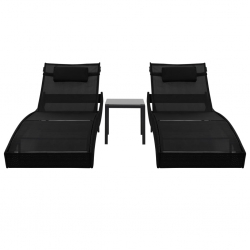 Leżaki ze stolikiem, 2 szt., polirattan i textilene, czarne