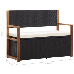 Ławka ze schowkiem, 110 cm, rattan PE i drewno akacjowe, czarna