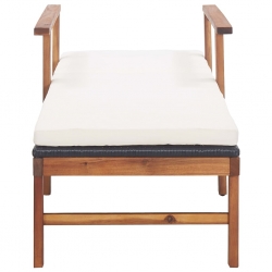 Leżak z poduszką, polirattan i lite drewno akacjowe, czarny