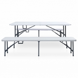 Składany stół ogrodowy z 2 ławkami, 180 cm, stal i HDPE, biały