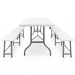 Składany stół ogrodowy z 2 ławkami, 180 cm, stal i HDPE, biały