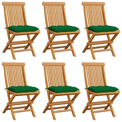 Krzesła ogrodowe, zielone poduszki, 6 szt., lite drewno tekowe
