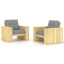 Krzesła ogrodowe z szarymi poduszkami, 2 szt., drewno sosnowe