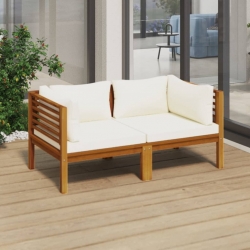 2-osobowa sofa ogrodowa, kremowe poduszki, drewno akacjowe