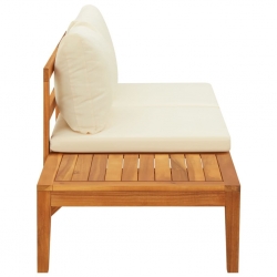 Ławka ogrodowa ze stolikiem, kremowe poduszki, drewno akacjowe