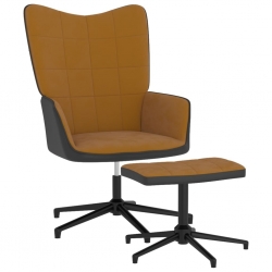 Fotel z podnóżkiem, brązowy, aksamit i PVC