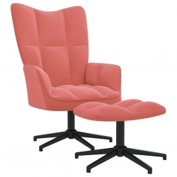 Fotel z podnóżkiem, różowy, obity aksamitem