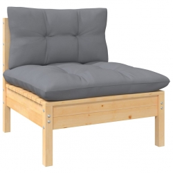 2-osobowa sofa ogrodowa z szarymi poduszkami, drewno sosnowe