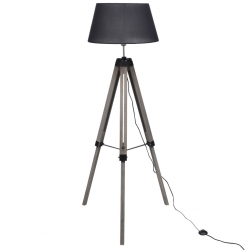 Drewniana lampa podłogowa z czarnym kloszem z materiału