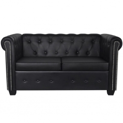 Sofa 2-osobowa w stylu Chesterfield, sztuczna skóra, czarna