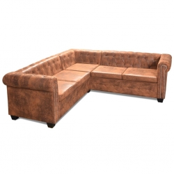 Sofa Chesterfield, pięcioosobowa, brązowa, sztuczna skóra