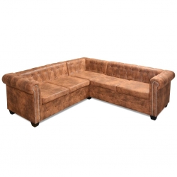 Sofa Chesterfield, pięcioosobowa, brązowa, sztuczna skóra