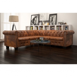Sofa Chesterfield, pięcioosobowa, brązowa, sztuczna skóra
