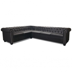 Sofa rogowa Chesterfield sześcioosobowa czarna, sztuczna skóra