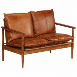 2-osobowa sofa z prawdziwej skóry i drewna akacjowego, brązowa
