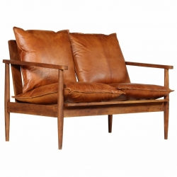 2-osobowa sofa z prawdziwej skóry i drewna akacjowego, brązowa