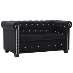 Sofa Chesterfield, 2-os., obita aksamitem, 146x75x72 cm, czarna