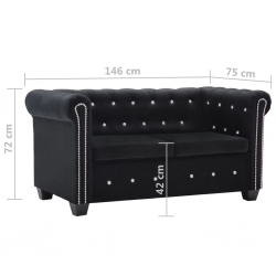 Sofa Chesterfield, 2-os., obita aksamitem, 146x75x72 cm, czarna