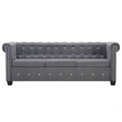Sofa Chesterfield, 3-os., obita aksamitem, 199x75x72 cm, szara