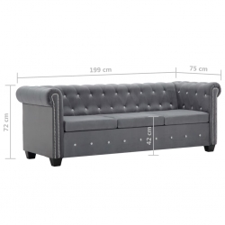 Sofa Chesterfield, 3-os., obita aksamitem, 199x75x72 cm, szara
