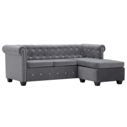Sofa Chesterfield z leżanką, aksamit, 199 x 142 x 72 cm, szara