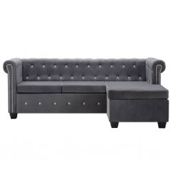 Sofa Chesterfield z leżanką, aksamit, 199 x 142 x 72 cm, szara