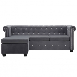 Sofa Chesterfield z leżanką, aksamit, 199 x 142 x 72 cm, szara