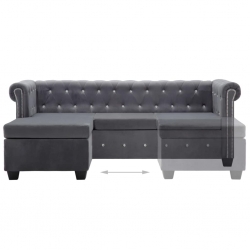 Sofa Chesterfield z leżanką, aksamit, 199 x 142 x 72 cm, szara