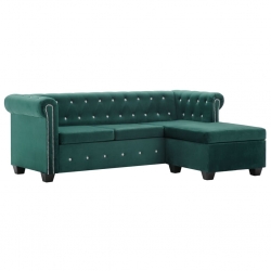 Sofa Chesterfield z leżanką, aksamit, 199x142x72 cm, zielona
