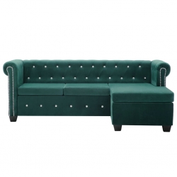 Sofa Chesterfield z leżanką, aksamit, 199x142x72 cm, zielona
