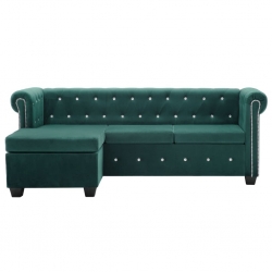 Sofa Chesterfield z leżanką, aksamit, 199x142x72 cm, zielona