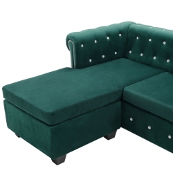 Sofa Chesterfield z leżanką, aksamit, 199x142x72 cm, zielona