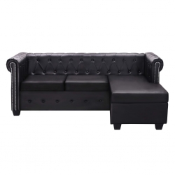 Sofa Chesterfield w kształcie litery L, sztuczna skóra, czarna