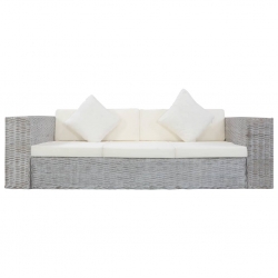 3-osobowa sofa z poduszkami, szara, naturalny rattan