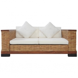 2-osobowa sofa z poduszkami, brązowa, naturalny rattan