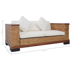 2-osobowa sofa z poduszkami, brązowa, naturalny rattan