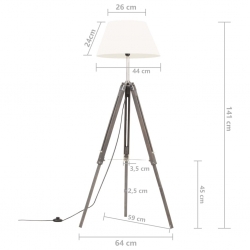 Lampa podłogowa na trójnogu, szaro-biała, drewno tekowe, 141 cm