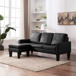 3-osobowa sofa z podnóżkiem, czarna, sztuczna skóra