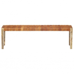 Ławka, 150 cm, brązowa skóra naturalna i lite drewno mango