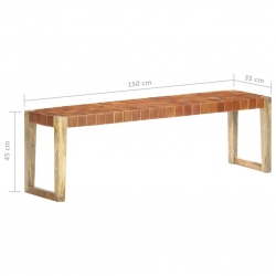 Ławka, 150 cm, brązowa skóra naturalna i lite drewno mango