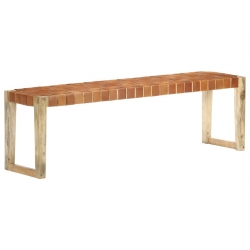 Ławka, 150 cm, brązowa skóra naturalna i lite drewno mango