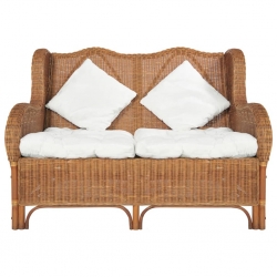 Sofa 2-osobowa, jasnobrązowa, naturalny rattan i len